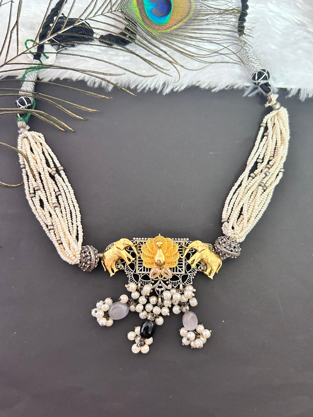 Manka Elephant motive dual tone necklace